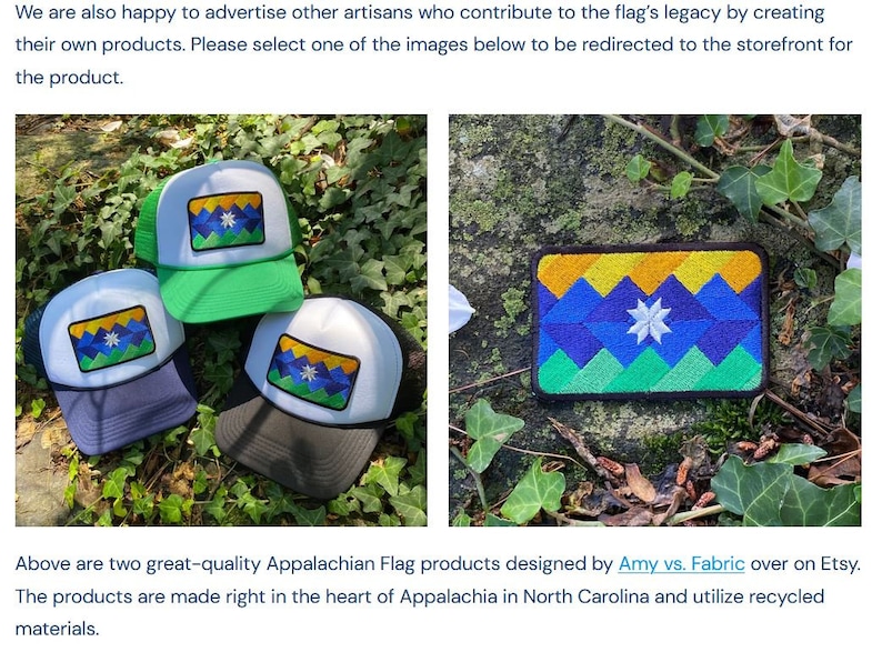 May include: A collection of trucker hats and a patch featuring the Appalachian flag design. The hats have white fronts, mesh backs, and various brim colors. The patch displays a geometric mountain scene in blue, yellow, and green.