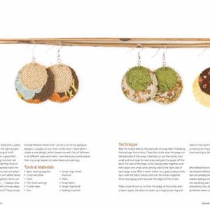 May include: Circular fabric earrings in various colors and patterns hang from a wooden dowel. The earrings feature a mix of textures and designs, including burlap, floral prints, and solid colors. The text "Seeing Circles" is visible.