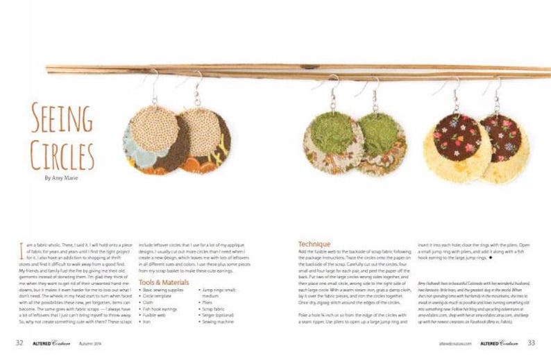 May include: Circular fabric earrings in various colors and patterns hang from a wooden dowel. The earrings feature a mix of textures and designs, including burlap, floral prints, and solid colors. The text "Seeing Circles" is visible.