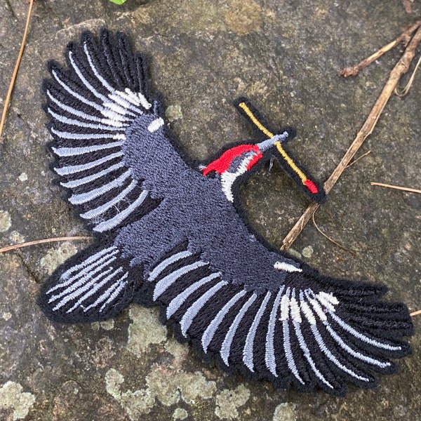 Still Life With Woodpecker handmade iron on patch. Made from recycled materials. Tom Robbins inspired