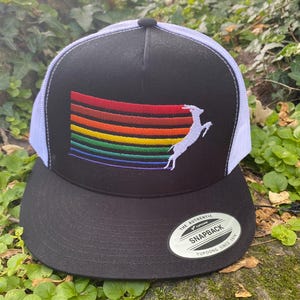 Phlying Phishimal Retro Rainbow Stripes STRUCTURED FRONT black/white flatbill trucker hat.  Custom Embroidery