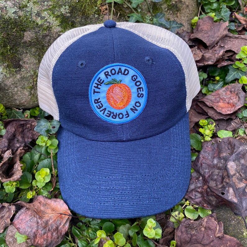 The road goes on forever, handmade iron-on patch or HAT. Eat a Peach. Allman Brothers Band inspired. Trucker, baseball, hemp navy hemp