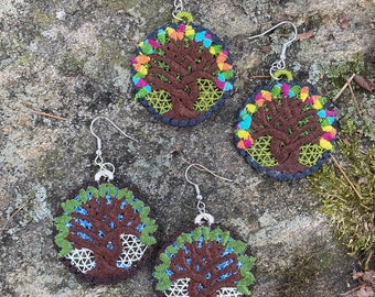 Twisted Tree of Life Embroidered earrings.  Handmade and unique.  Lightweight dangle style. Custom embroidery. Yggdrasil