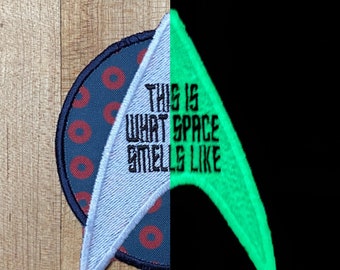 Say it to me S.A.N.T.O.S., GLOW in the DARK handmade iron on patch. This is what space smells like.