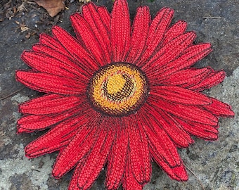 Red Daisy, handmade iron-on patch or trucker hat.  Queen of the Springtime. fan Art custom Embroidery.