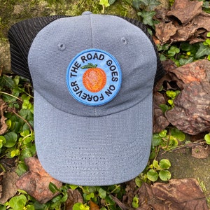 The road goes on forever, handmade iron-on patch or HAT. Eat a Peach. Allman Brothers Band inspired. Trucker, baseball, hemp grey/black hemp