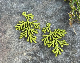 Cedar Leaf Embroidered earrings.  Handmade and unique.  Lightweight dangle style. Custom embroidery, Plant Lady