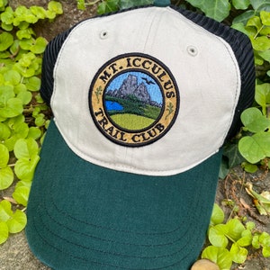 Mt. Icculus Trail Club handmade iron on patch SOFT FRONT hat, hemp, classic dad cap. The Lizards. beige/Blk/grn dad