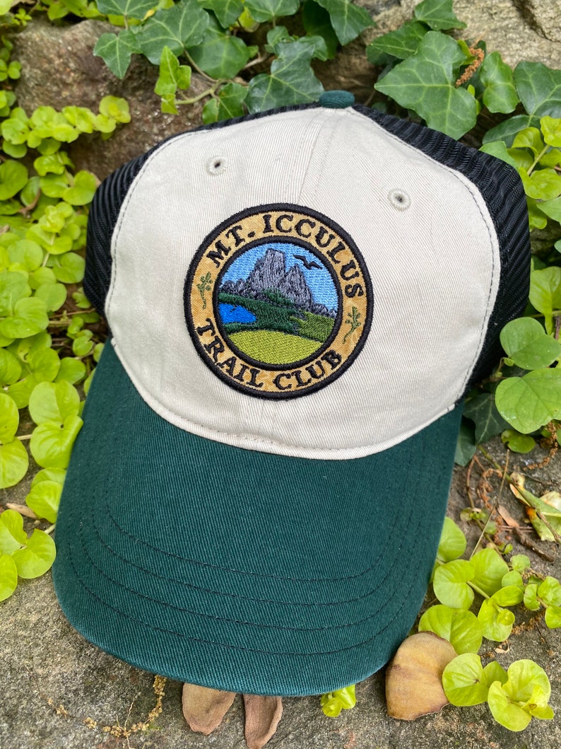 Mt. Icculus Trail Club handmade iron on patch SOFT FRONT hat, hemp, classic dad cap. The Lizards. beige/Blk/grn dad