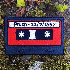 MADE TO ORDER custom embroidered Cassette Tape handmade Iron patch, First show, favorite band. Retro vintage mix tape Charcoal out/Red in