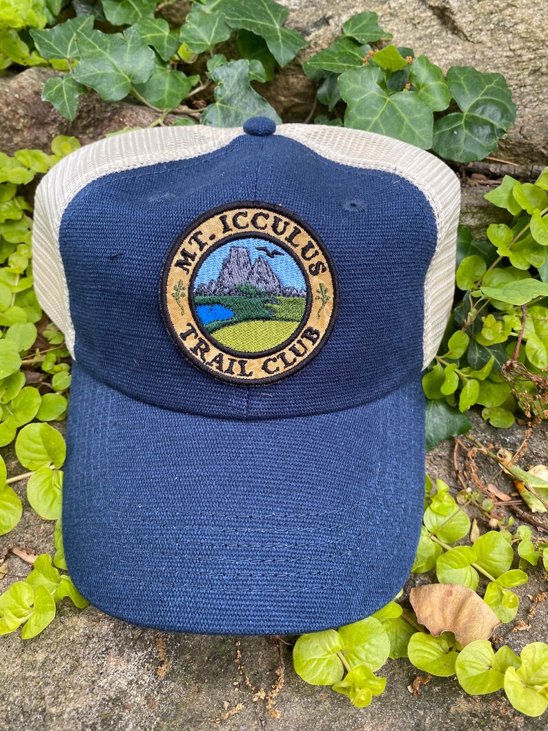 Mt. Icculus Trail Club handmade iron on patch SOFT FRONT hat, hemp, classic dad cap. The Lizards. navy hemp