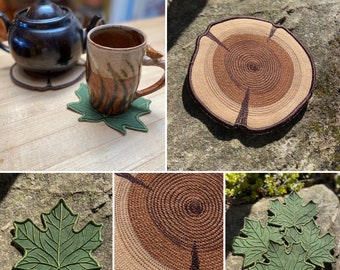 Handmade Wood Trivet and Leaf Coaster Set.  5 pieces.  Custom Embroidery