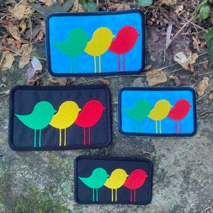 Three Little Birds handmade iron-on patch.  Made from recycled materials. Bob Marley inspired