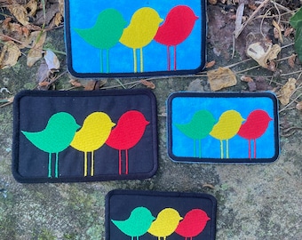 Three Little Birds handmade iron-on patch.  Made from recycled materials. Bob Marley inspired