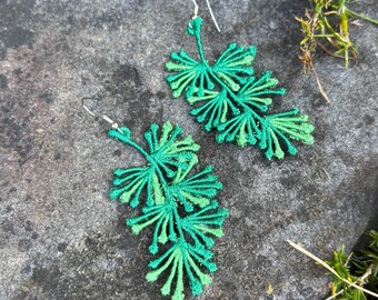 Larch Leaf Embroidered earrings.  Handmade and unique.  Lightweight dangle style. Custom embroidery, Plant Lady