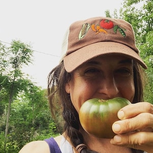 Hemp Gardening Hat ~ Veggies (2 options), lettuce/beets/carrots/broccoli or tomato/peppers/corn/peas or CUSTOM SINGLES.  Recycled, brown cap