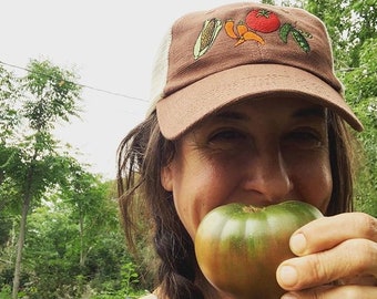 Hemp Gardening Hat ~ Veggies (2 options), lettuce/beets/carrots/broccoli or tomato/peppers/corn/peas or CUSTOM SINGLES.  Recycled, brown cap