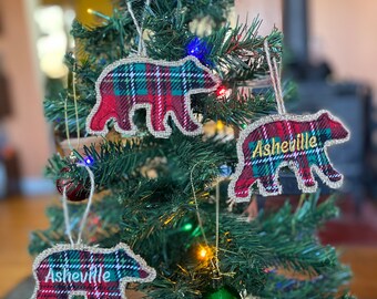 SALE Handmade green flannel & burlap rustic bear ornament.  Red/green/white with or without Asheville text