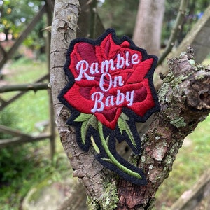 Ramble On Rose handmade iron on patch. Settle down easy. Custom embroidery.