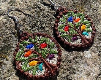 Tree of Life Embroidered earrings.  Handmade and unique.  Lightweight dangle style. Custom embroidery. Yggdrasil