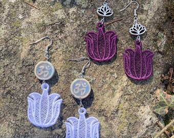 Lotus Embroidered earrings.  Handmade and unique.  Lightweight dangle style. Custom embroidery