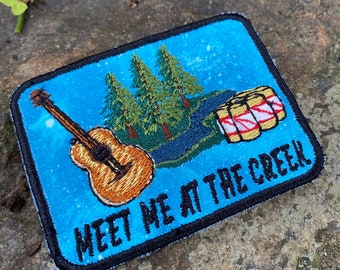 Meet Me at The Creek iron-on handmade patch.  Custom embroidery.