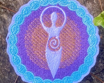 Spiral Goddess Mandala handmade iron-on patch.  Made from Upcycled materials.