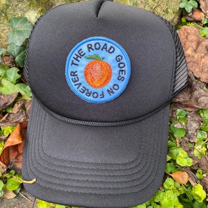 The road goes on forever, handmade iron-on patch or HAT. Eat a Peach. Allman Brothers Band inspired. Trucker, baseball, hemp solid black foam