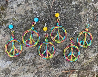 Rainbow Peace Sign Embroidered earrings.  Handmade and unique.  Lightweight dangle style. Custom embroidery