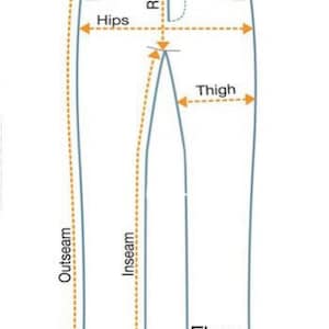 Op de afbeelding: Diagram van een spijkerbroek met gemarkeerde afmetingen. De labels omvatten taille, kruishoogte, heupen, dij, buitenbeenlengte, binnenbeenlengte en flare. De jeans is lichtblauw met een eenvoudig ontwerp.
