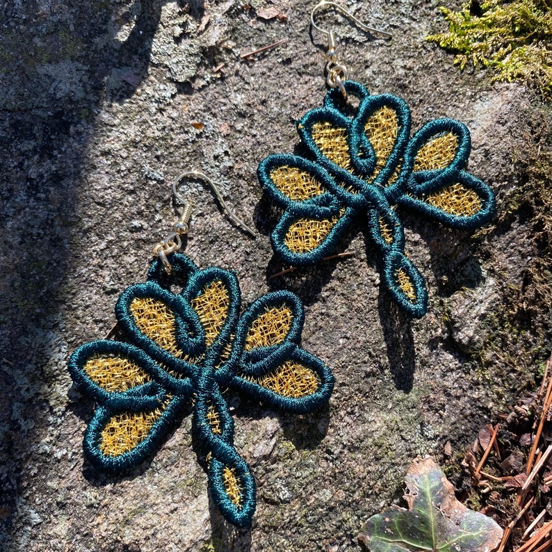 Pode incluir: Um par de brincos de lib&eacute;lula. Cada brinco apresenta um design de lib&eacute;lula com um centro de malha dourada e um contorno verde-azulado. Os brincos penduram-se de ganchos prateados. S&atilde;o exibidos numa superf&iacute;cie de pedra cinzenta texturizada.