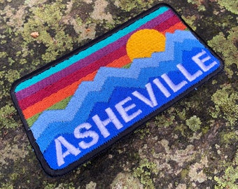 Asheville handmade iron on North Carolina patch, Embroidered. Blue Ridge Mountains, sunrise/sunset