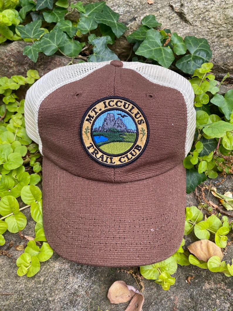 Mt. Icculus Trail Club handmade iron on patch SOFT FRONT hat, hemp, classic dad cap. The Lizards. brown hemp