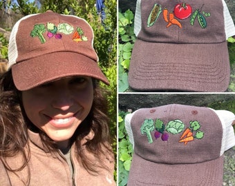 Hemp Gardening Hat ~ Veggies (2 options), lettuce/beets/carrots/broccoli or tomato/peppers/corn/peas or CUSTOM SINGLES.  Recycled, brown cap