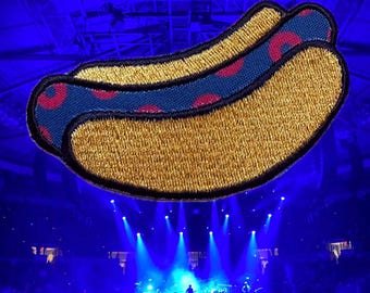 Meatstick Phish inspired iron-on hot dog patch. Made from Recycled materials. NYE, YEMSG