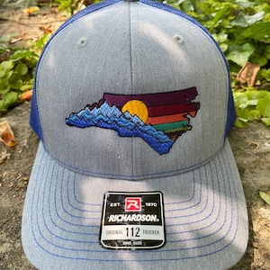 FUNDRAISER Nothing Could Be Finer North Carolina heather grey/royal Trucker hat, Embroidered. Blue Ridge Mountains, sunrise/sunset
