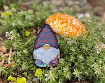 Happy Hippy Gnome handmade iron on patch.  Fishman donuts, batik rainbow  Applque, Patchlique. Made from Recycled Materials