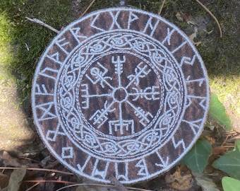 Viking Vegvisir handmade iron on patch.  Celtic, Norse Charm, Viking Compass. Recycled fabric