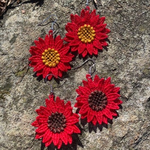 Red Daisy Embroidered earrings.  Handmade and unique.  Lightweight dangle style. Queen of the Springtime, Silly for Billy!