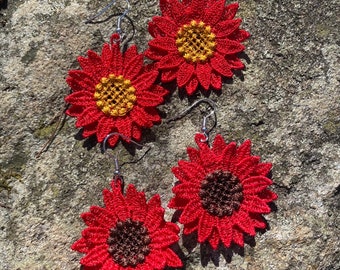 Red Daisy Embroidered earrings.  Handmade and unique.  Lightweight dangle style.