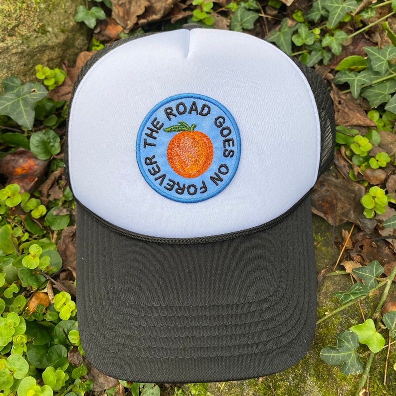 The road goes on forever, handmade iron-on patch or HAT. Eat a Peach. Allman Brothers Band inspired. Trucker, baseball, hemp white/black foam