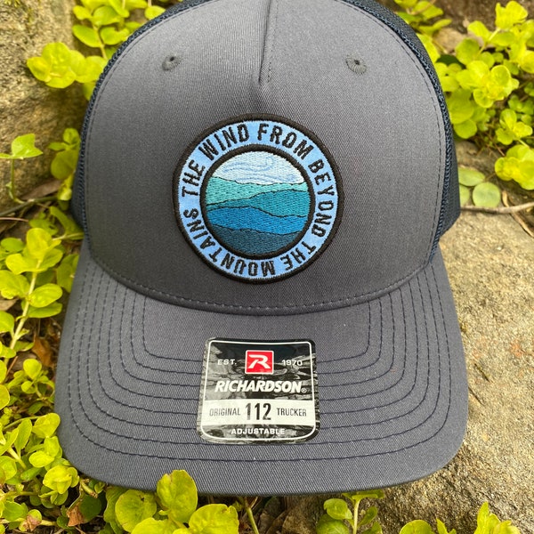 Tela handmade STRUCTURED front hat, handmade patch.  The Wind from Beyond the Mountains. 5 panel Trucker.