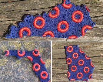 MADE TO ORDER Fishman Donut State handmade iron on patches... recycled materials!