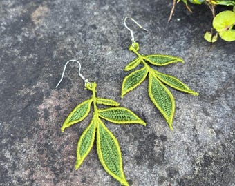 Elder Leaf Embroidered earrings.  Handmade and unique.  Lightweight dangle style. Custom embroidery, Plant Lady, elderberry