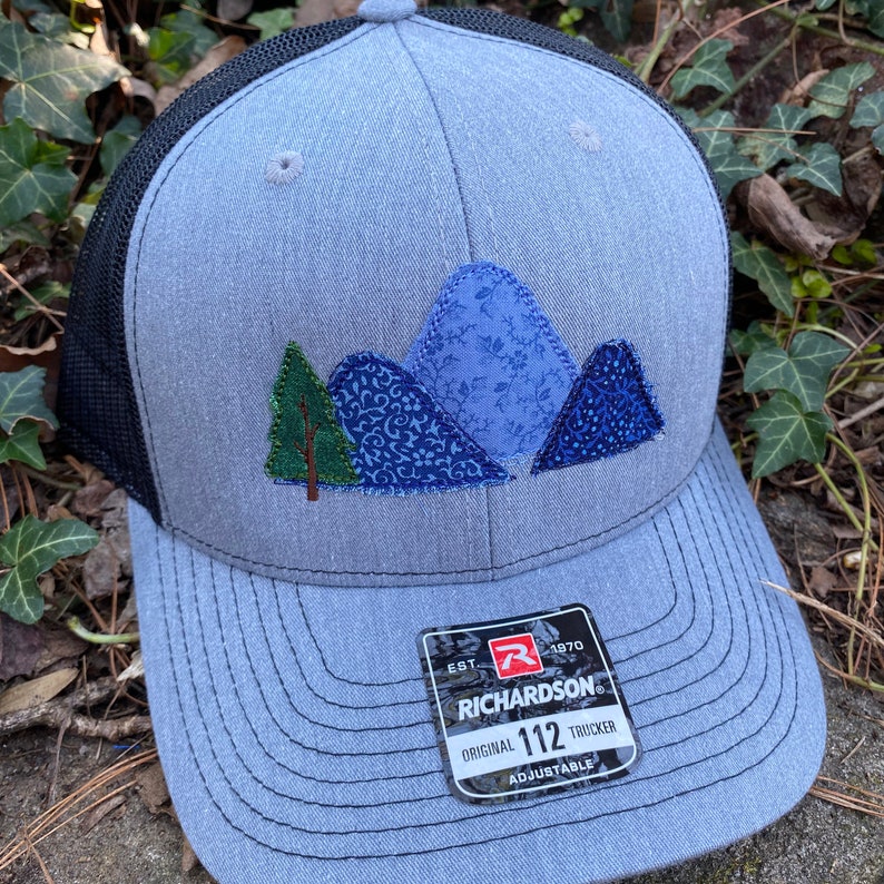 Handcrafted Blue Ridge Fabric Mountains trucker hat. Richardson 112. Made from Upcycled materials image 1