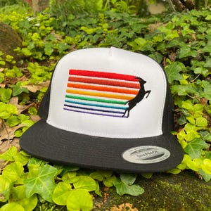 May include: A black and white snapback hat with a white front panel featuring a colorful rainbow design and a black silhouette of a deer. The hat has a black brim and mesh back.