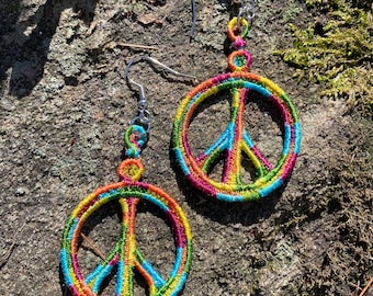 Rainbow Peace Sign Embroidered FSL earrings.  Handmade and unique.  Lightweight dangle style. Custom embroidery