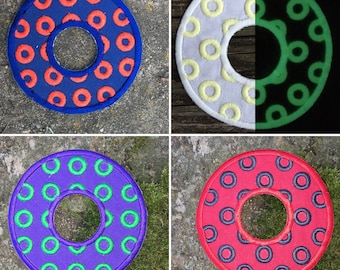 Fishman Infinity Donut Handmade Iron on patches, Glaze On, Kasvot Vaxt glow in the dark, Send in the Clones, Riviera Maya.