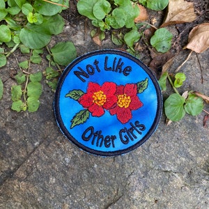 Not Like Other Girls handmade Scarlet Begonias iron on patch, foam trucker hat.  Made from recycled materials.