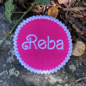 Reba handmade iron on patch. Custom Embroidery Pink